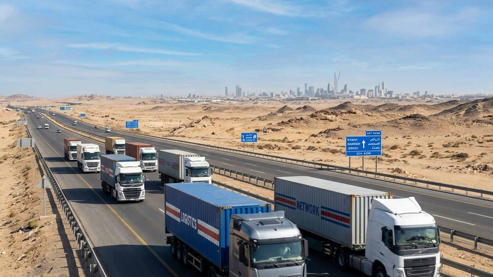Cargo trucks and containers at a Saudi Arabian logistics hub connecting Jeddah, Riyadh and Dammam