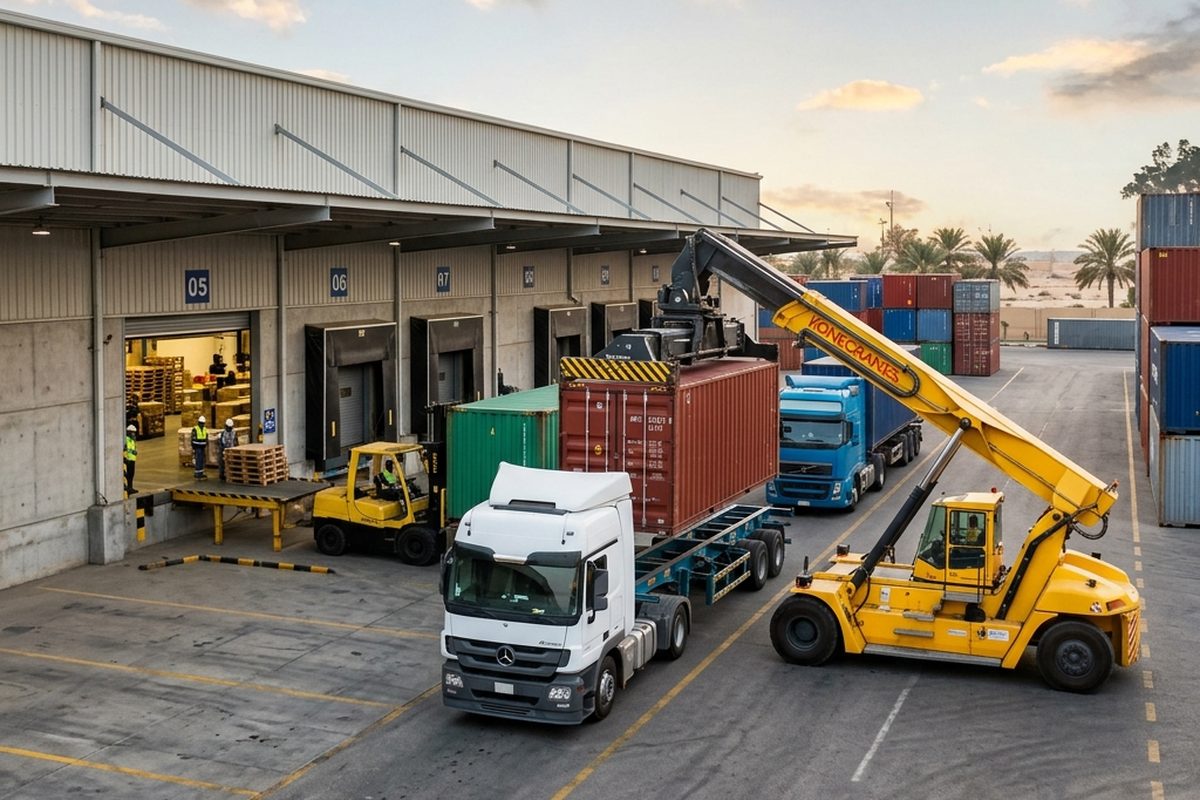 Logistics decision checklist concept — cargo trucks and containers at a Saudi Arabia distribution hub