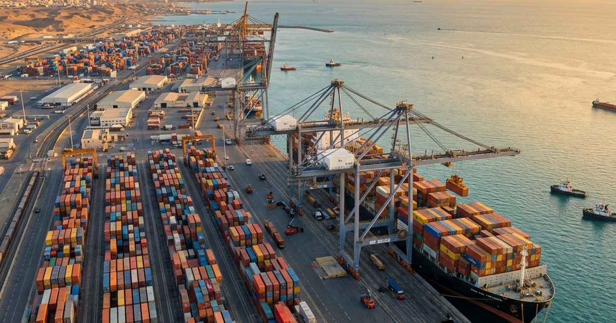 Container ship being unloaded at Jeddah Islamic Port, Saudi Arabia