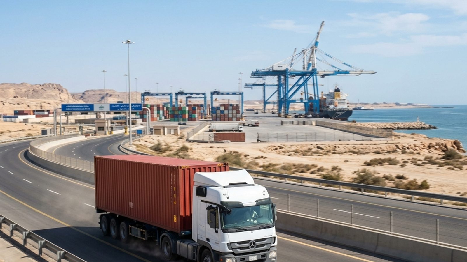 Container truck leaving jeddah port — BAFCO logistics in Saudi Arabia