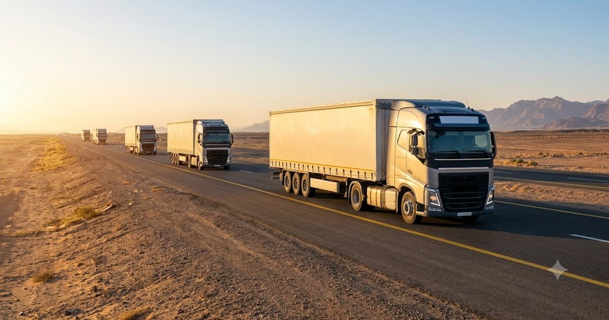 Fleet of freight trucks on a highway in Saudi Arabia at sunrise