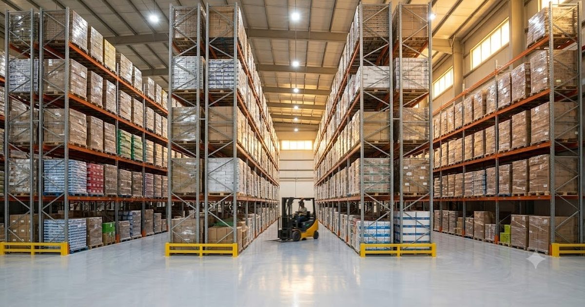 Modern distribution warehouse with high racking and forklift in Saudi Arabia