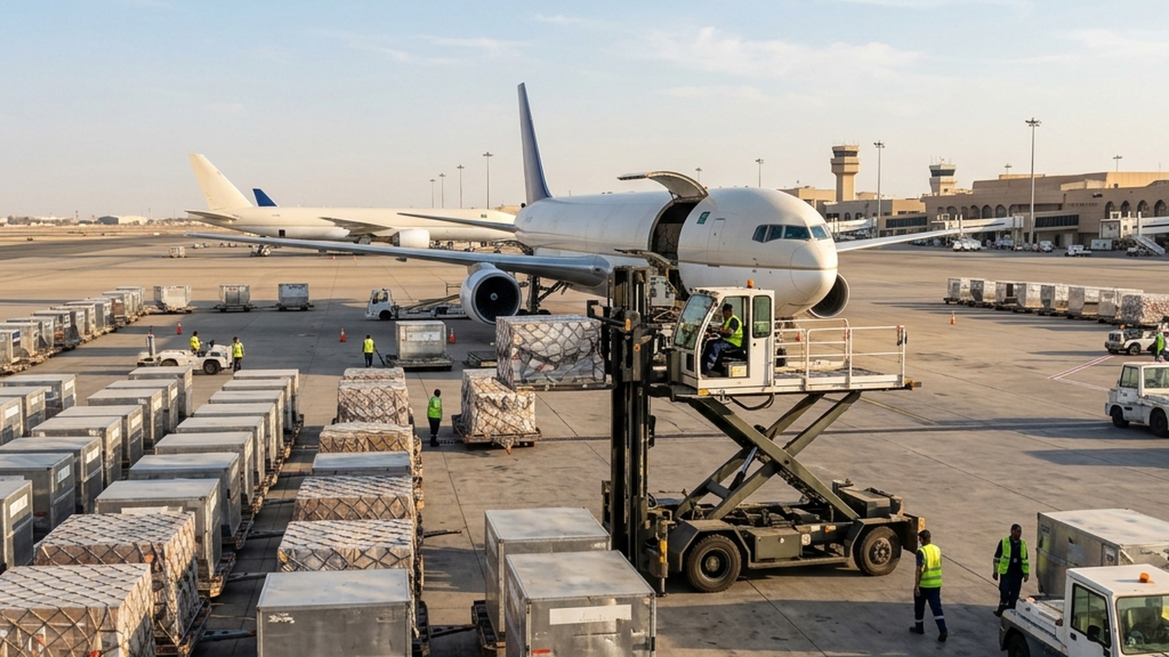 Air cargo containers and freighter at a Saudi Arabia airport terminal