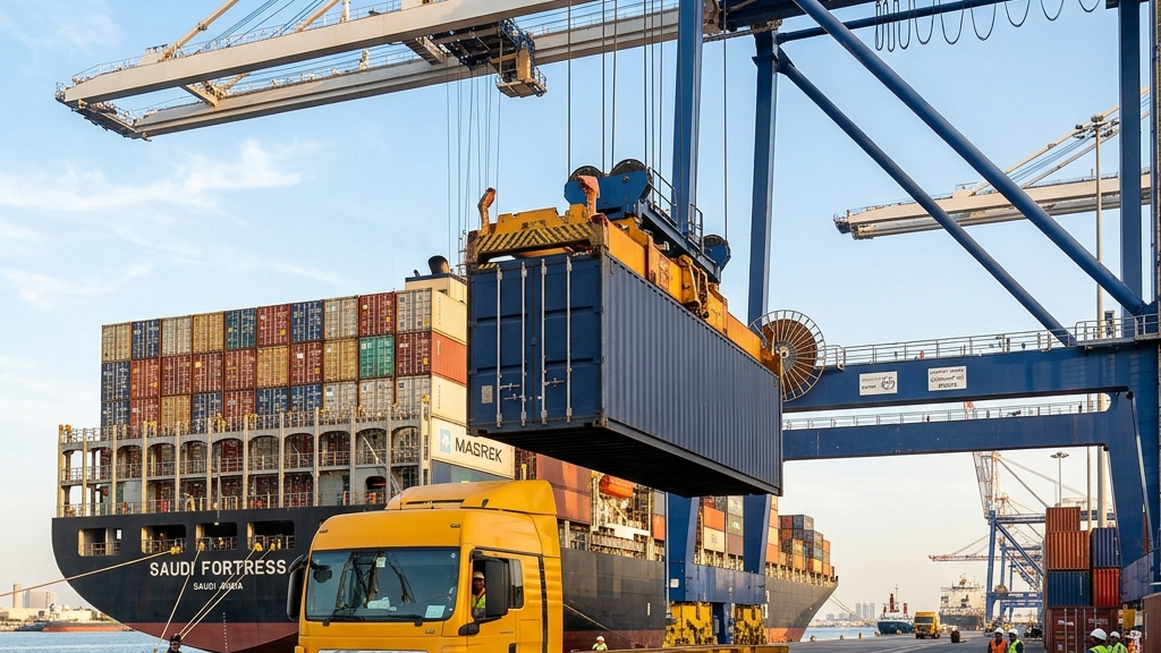 Cargo handover between ship and truck illustrating Incoterms responsibility in Saudi Arabia